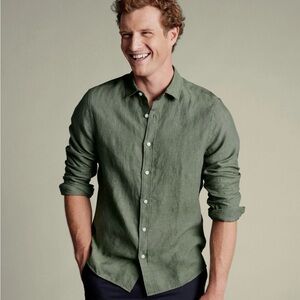 CHARLES TYRWHITT OLIVE GREEN 100% LINEN BUTTON DOWN LONG SLEEVE SHIRT SIZE XXL